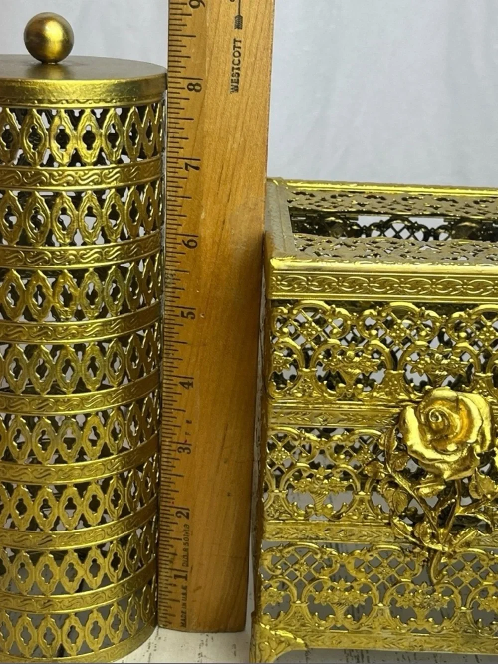 Vtg Set Filigree Hairspray Can Cover Flip Top Tissue Holder Hollywood Regency